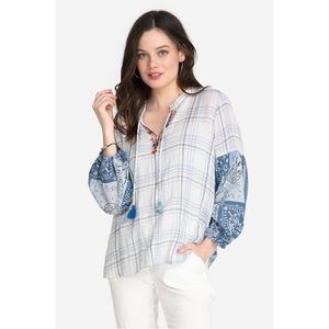 Johnny Was Workshop Effortless Peasant Blouse in Blue White Plaid Paisley Print